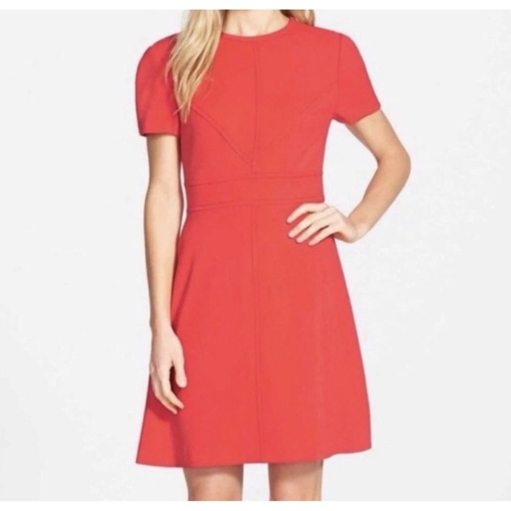 Eliza J Fit & Flare Dress Red Size 12 Ponte Knit Short Sleeve Exposed Zipper